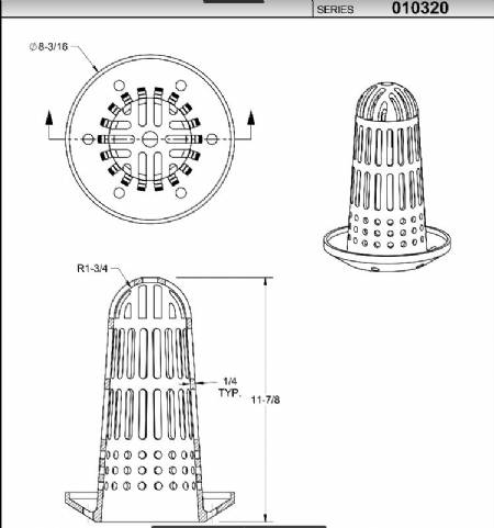 410 CAST IRON COATED REMOVABLE TALL DOME AND SEDIMENT CUP.