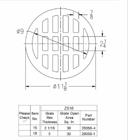 Z516  Round grate 11 1/8" x 2 1/16"