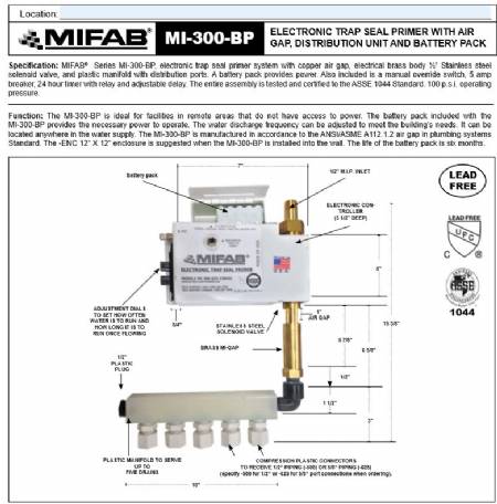 MI-300-BP electric trap seal primer/ air gap, distribution unit & battery pack